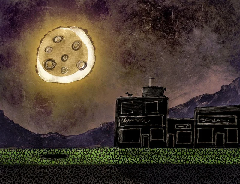 The shops are closed but there's a dog on the roof about to jump into a hole